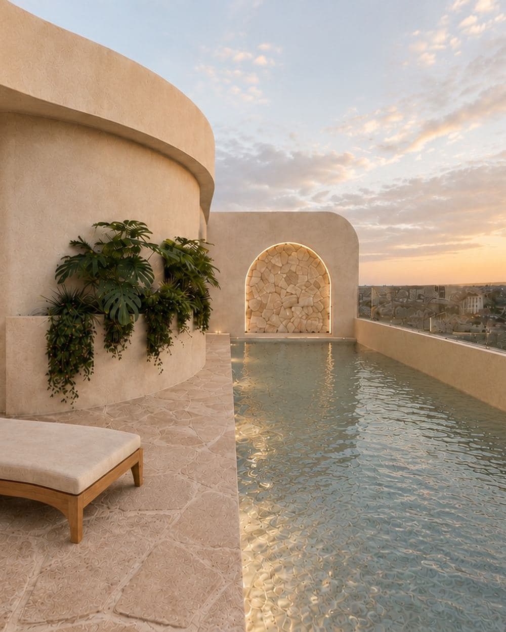 Terraza con piscina y arco mediterráneo al atardecer